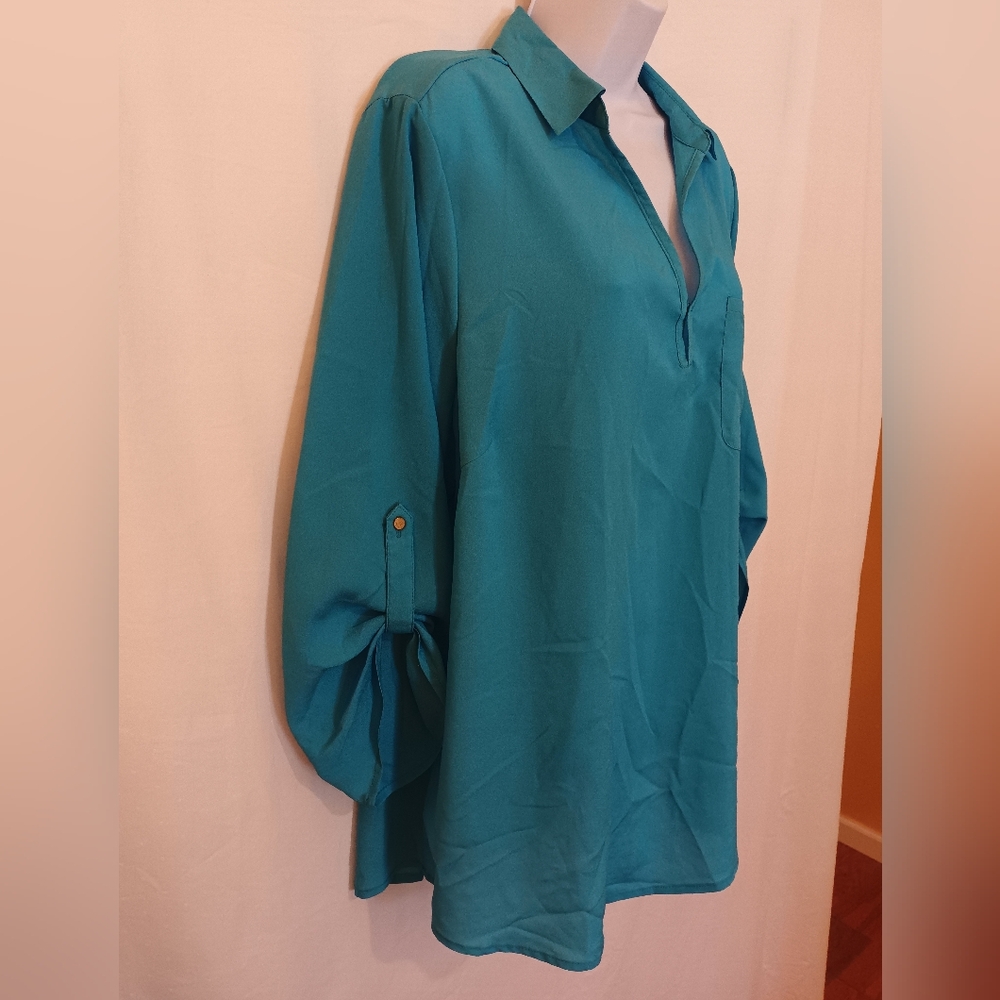 Millenium Women's Top 3/4 Sleeves Split Neck Tunic Blue Green Plus Size 1X